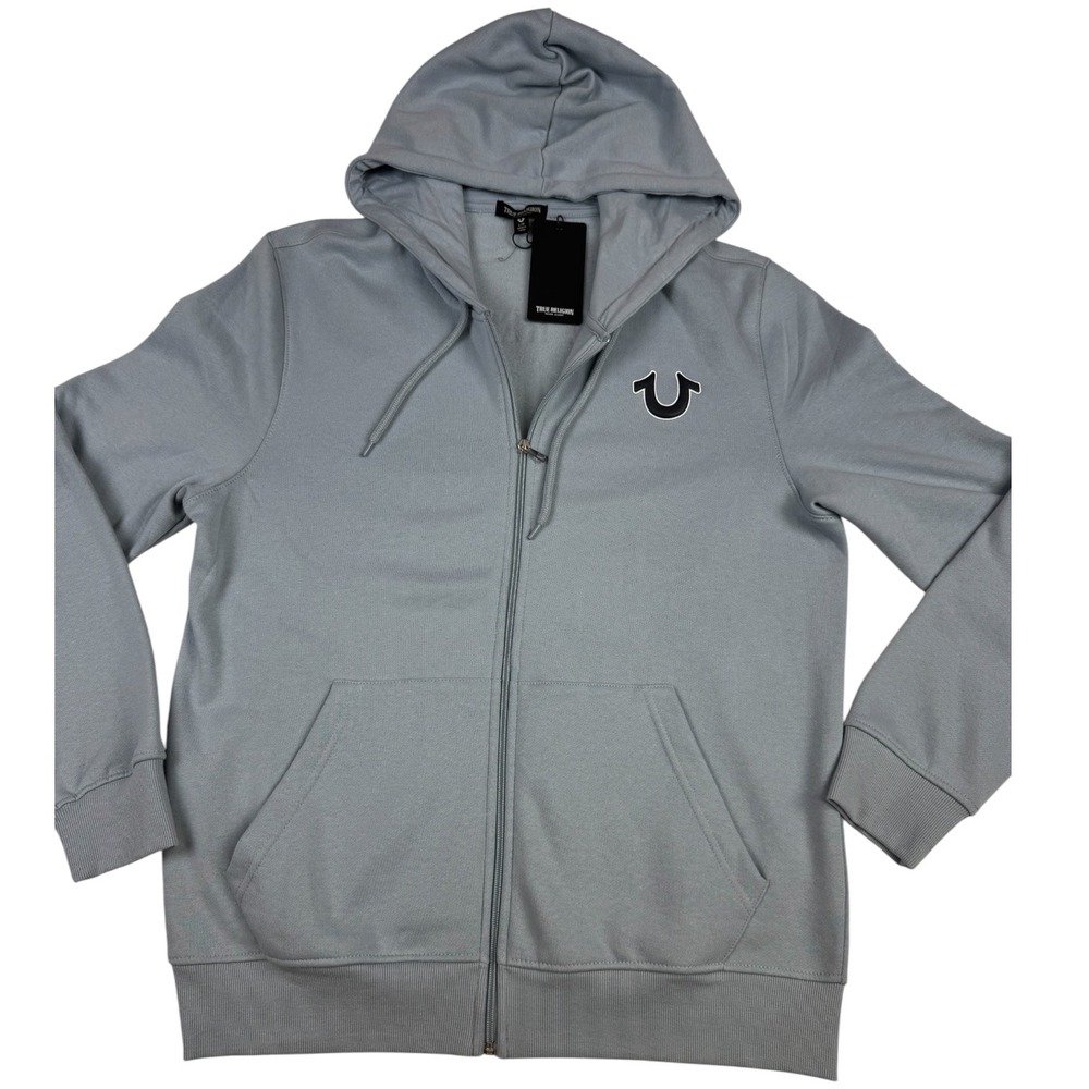 True Religion Mens Dusty Blue Full Zip Hoodie Horseshoe Buddha Logo NWT